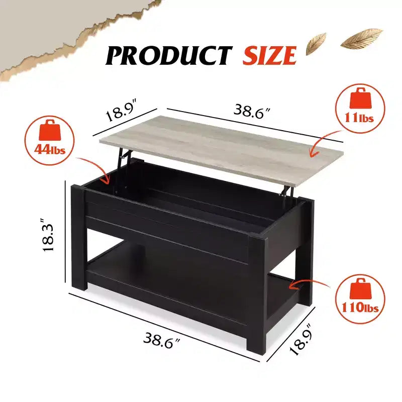 Tavolino da Salotto, 39" Tavolino con Piano Sollevabile, Scomparto Nascosto e Ripiano Portaoggetti