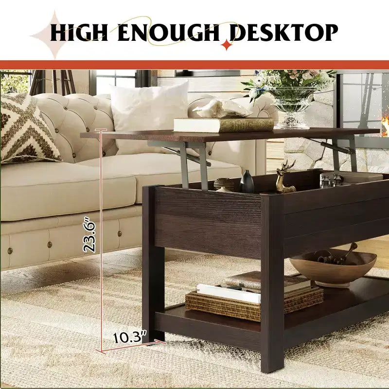 Tavolino da Salotto, 39" Tavolino con Piano Sollevabile, Scomparto Nascosto e Ripiano Portaoggetti