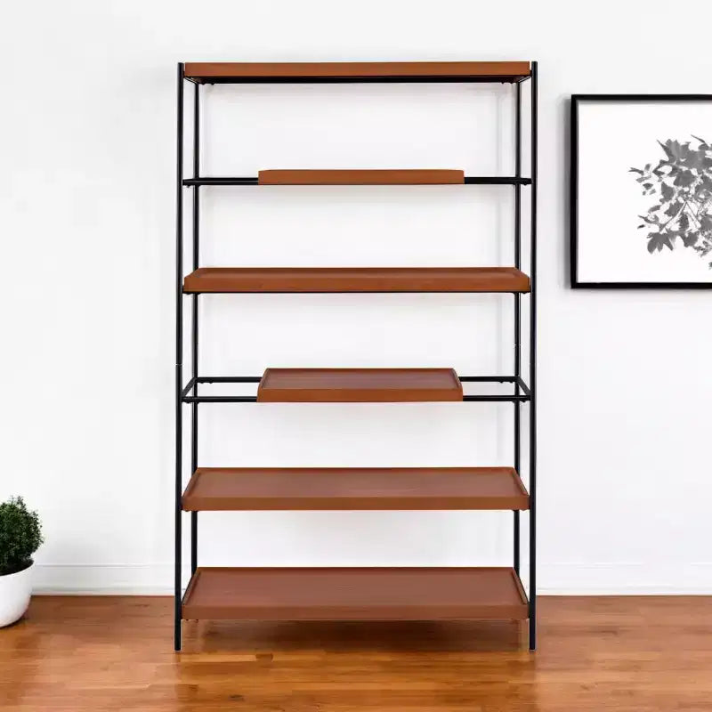 Libreria Etagere a sei ripiani in rovere, metallo nero e legno da 70 pollici