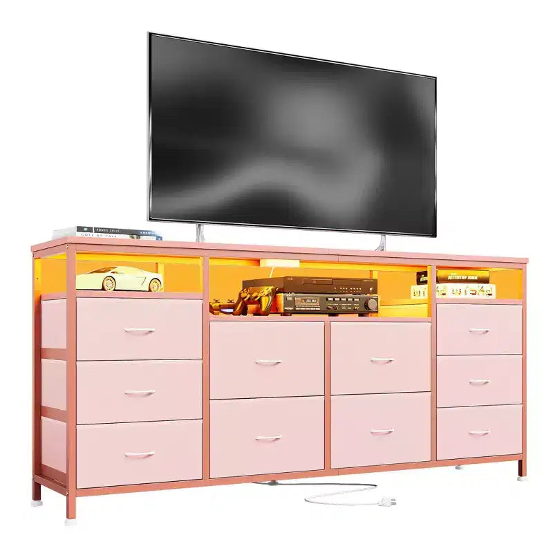 Cassettiera a 10 cassetti per TV da 75 pollici, comò largo 63 W, organizer multifunzionale per armadio, corridoio, soggiorno, rosa