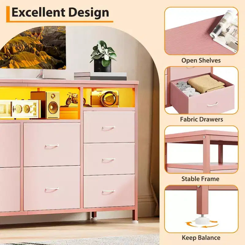 Cassettiera a 10 cassetti per TV da 75 pollici, comò largo 63 W, organizer multifunzionale per armadio, corridoio, soggiorno, rosa