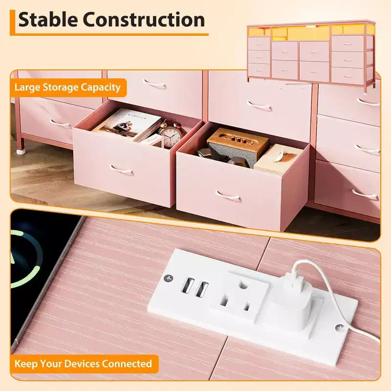 Cassettiera a 10 cassetti per TV da 75 pollici, comò largo 63 W, organizer multifunzionale per armadio, corridoio, soggiorno, rosa