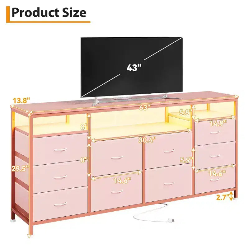 Cassettiera a 10 cassetti per TV da 75 pollici, comò largo 63 W, organizer multifunzionale per armadio, corridoio, soggiorno, rosa