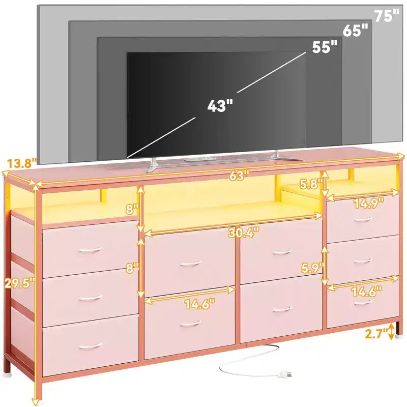 Cassettiera a 10 cassetti per TV da 75 pollici, comò largo 63 W, organizer multifunzionale per armadio, corridoio, soggiorno, rosa