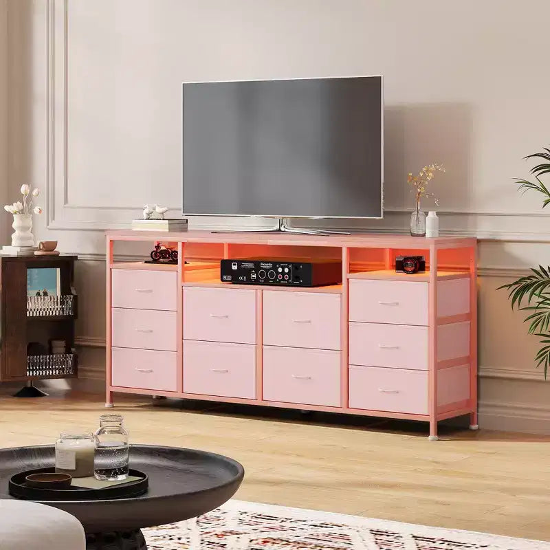 Cassettiera a 10 cassetti per TV da 75 pollici, comò largo 63 W, organizer multifunzionale per armadio, corridoio, soggiorno, rosa