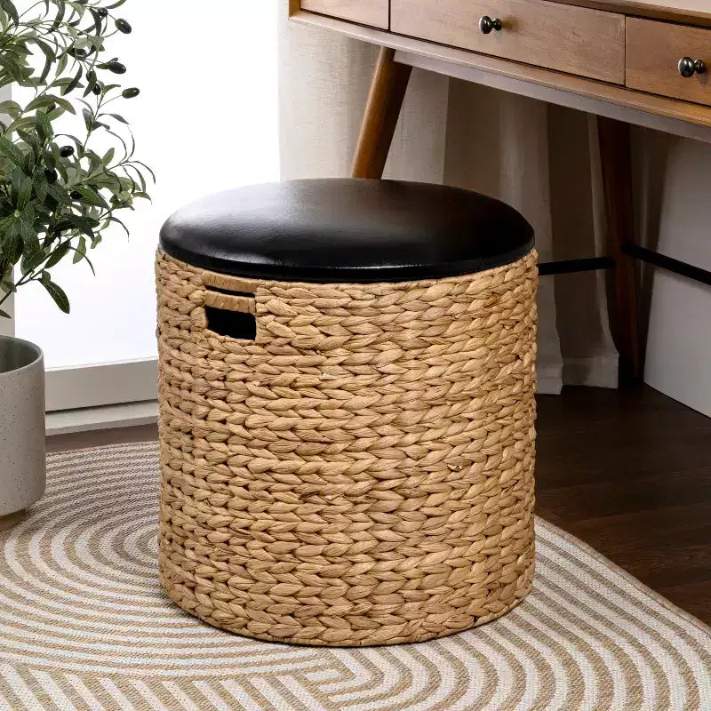happimess Josie 18 Pouf contenitore moderno costiero in giacinto intessuto a mano con coperchio