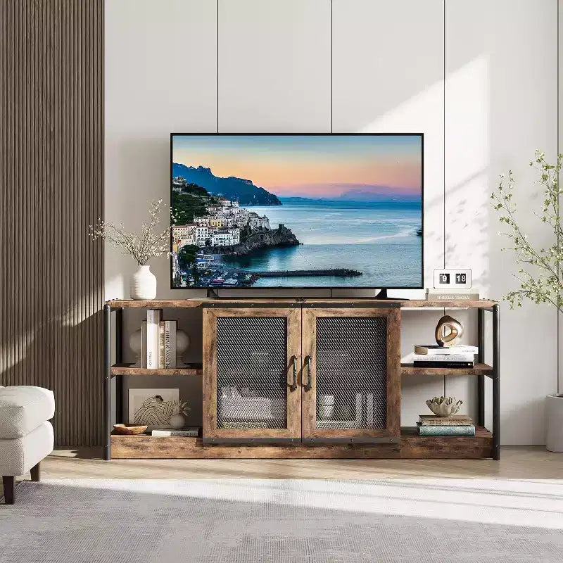 Mobile TV da 63" per fattoria - Consolle media rustica con ante in rete per TV fino a 75"