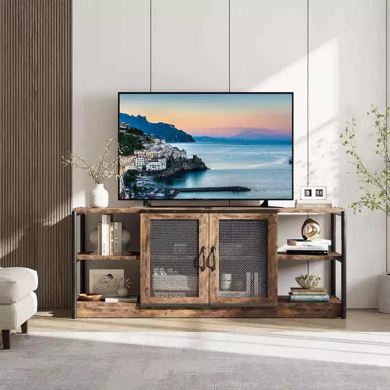 Mobile TV da 63" per fattoria - Consolle media rustica con ante in rete per TV fino a 75"