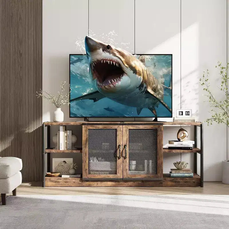 Mobile TV da 63" per fattoria - Consolle media rustica con ante in rete per TV fino a 75"