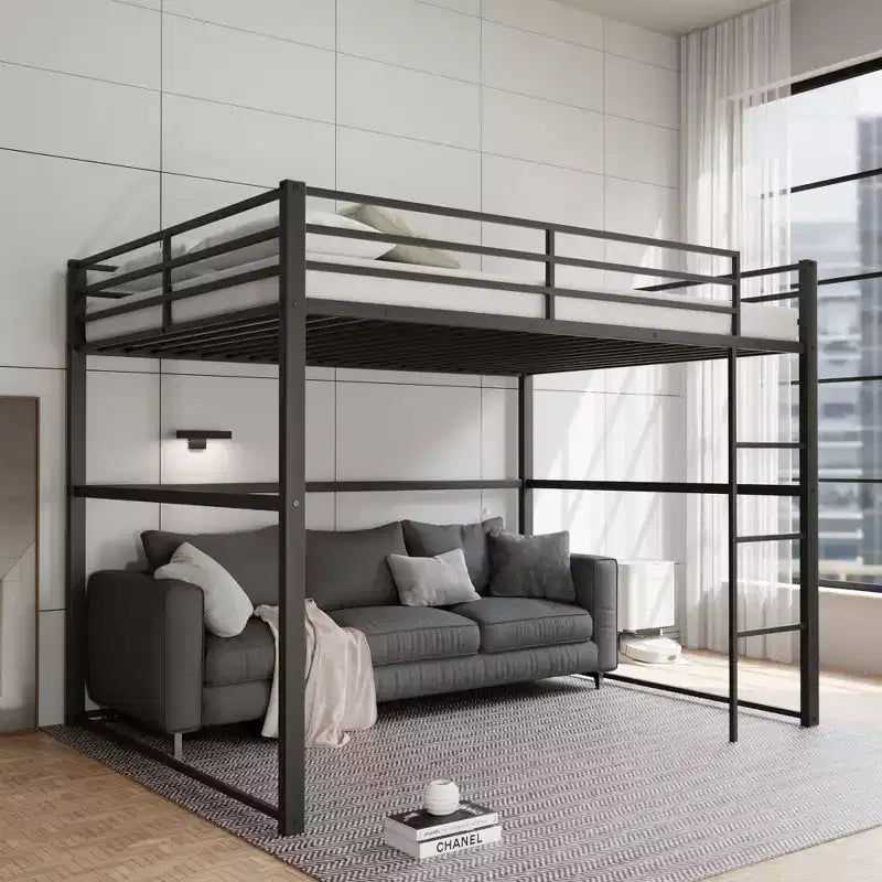 Letto a soppalco in metallo matrimoniale, Struttura letto a soppalco con sponde di sicurezza e scaletta piatta, Letto a soppalco singolo per bambini, ragazzi e adulti