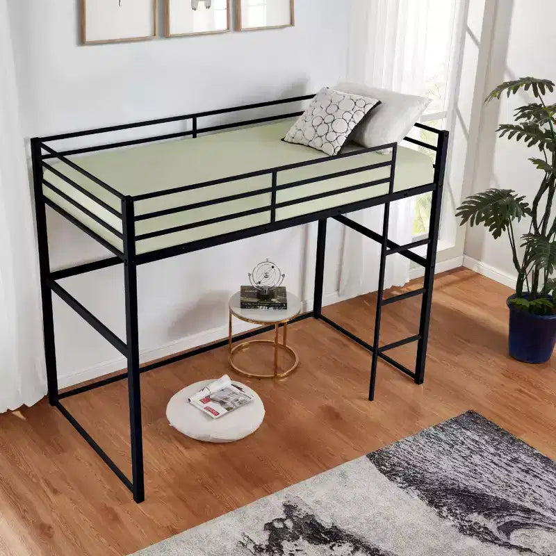 Letto a soppalco in metallo matrimoniale, Struttura letto a soppalco con sponde di sicurezza e scaletta piatta, Letto a soppalco singolo per bambini, ragazzi e adulti