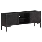 Mobile TV in Legno Massello con Due Ripiani e Ante, Telaio in Acciaio Verniciato a Polvere, Finitura Nera, Stile Industriale, Dimensioni: 45.3x11.8x18.1