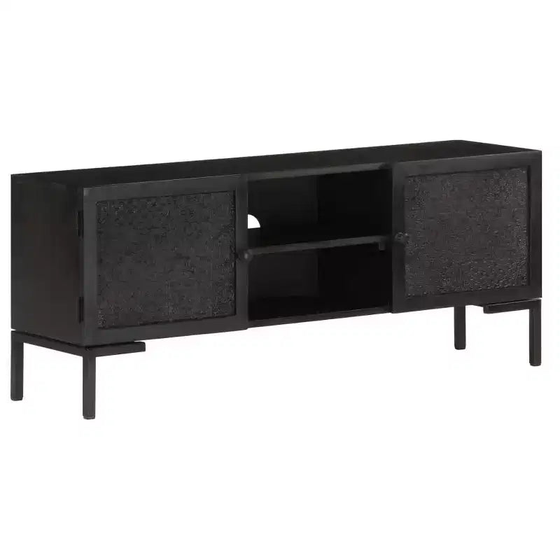 Mobile TV in Legno Massello con Due Ripiani e Ante, Telaio in Acciaio Verniciato a Polvere, Finitura Nera, Stile Industriale, Dimensioni: 45.3x11.8x18.1