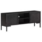 Mobile TV in Legno Massello con Due Ripiani e Ante, Telaio in Acciaio Verniciato a Polvere, Finitura Nera, Stile Industriale, Dimensioni: 45.3x11.8x18.1
