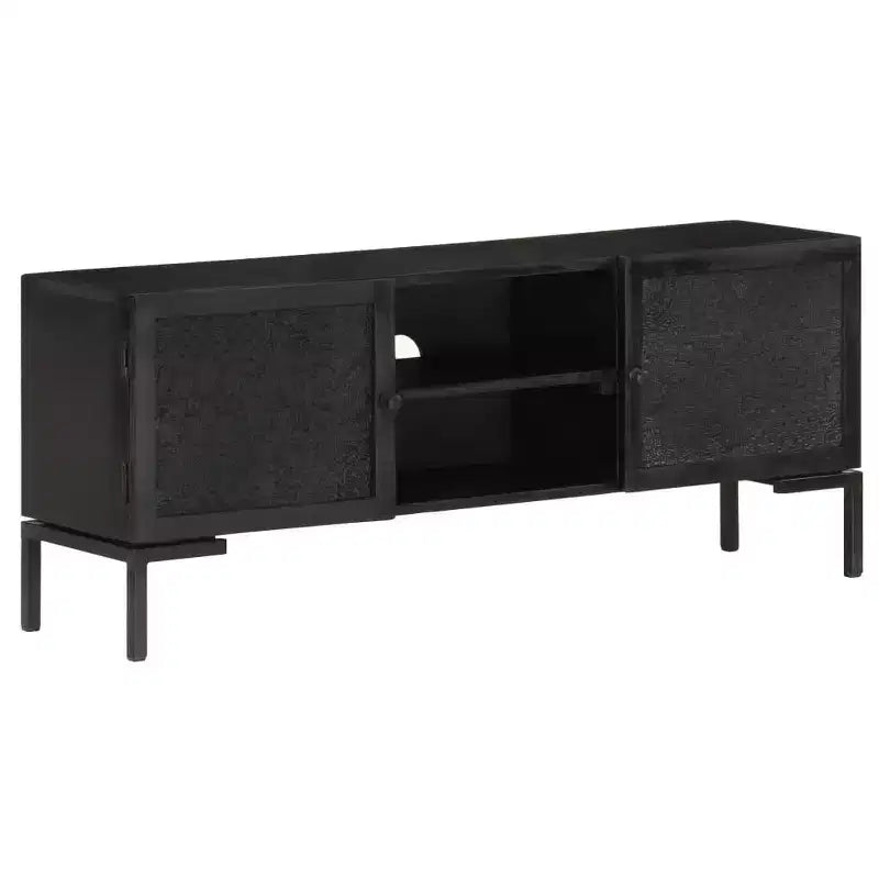 Mobile TV in Legno Massello con Due Ripiani e Ante, Telaio in Acciaio Verniciato a Polvere, Finitura Nera, Stile Industriale, Dimensioni: 45.3x11.8x18.1