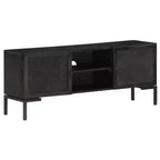 Mobile TV in Legno Massello con Due Ripiani e Ante, Telaio in Acciaio Verniciato a Polvere, Finitura Nera, Stile Industriale, Dimensioni: 45.3x11.8x18.1