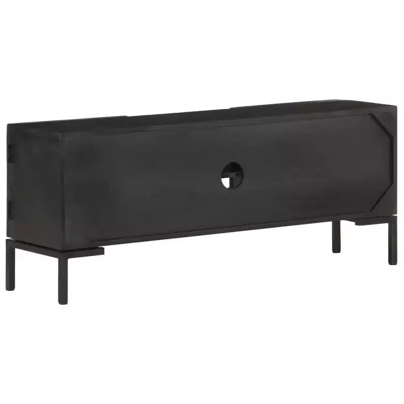 Mobile TV in Legno Massello con Due Ripiani e Ante, Telaio in Acciaio Verniciato a Polvere, Finitura Nera, Stile Industriale, Dimensioni: 45.3x11.8x18.1