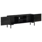 Mobile TV in Legno Massello con Due Ripiani e Ante, Telaio in Acciaio Verniciato a Polvere, Finitura Nera, Stile Industriale, Dimensioni: 45.3x11.8x18.1