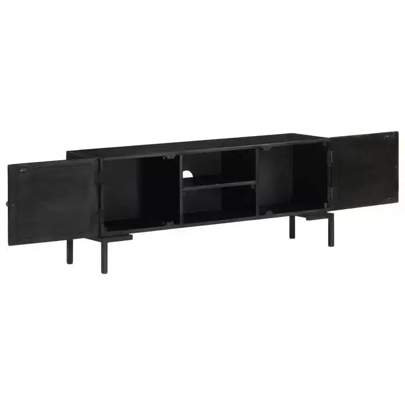 Mobile TV in Legno Massello con Due Ripiani e Ante, Telaio in Acciaio Verniciato a Polvere, Finitura Nera, Stile Industriale, Dimensioni: 45.3x11.8x18.1