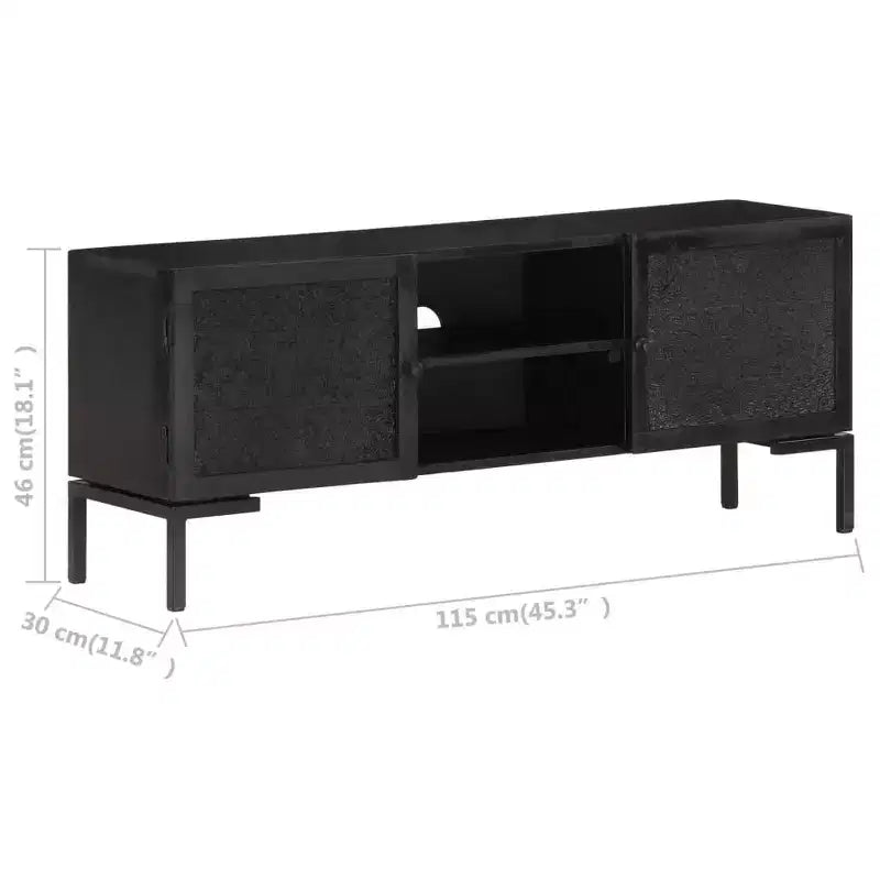 Mobile TV in Legno Massello con Due Ripiani e Ante, Telaio in Acciaio Verniciato a Polvere, Finitura Nera, Stile Industriale, Dimensioni: 45.3x11.8x18.1