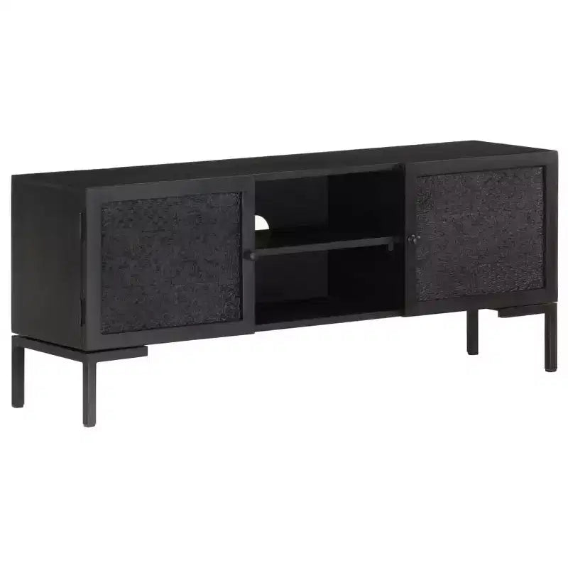 Mobile TV in Legno Massello con Due Ripiani e Ante, Telaio in Acciaio Verniciato a Polvere, Finitura Nera, Stile Industriale, Dimensioni: 45.3x11.8x18.1