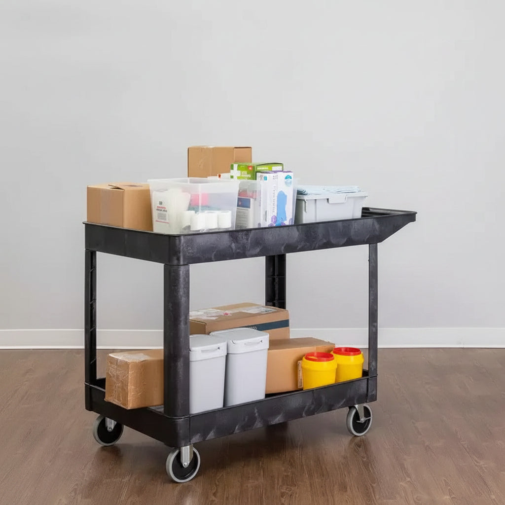 Carrello di servizio multiuso a due ripiani extra large - Carrello mobile per impieghi gravosi per magazzino, scuola e ufficio (nero, 45,5 x 24,5)