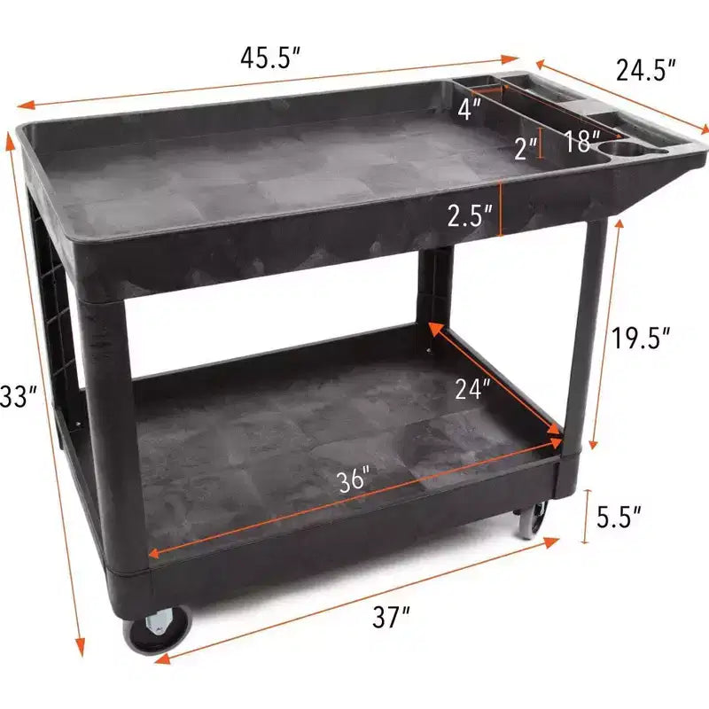 Carrello di servizio multiuso a due ripiani extra large - Carrello mobile per impieghi gravosi per magazzino, scuola e ufficio (nero, 45,5 x 24,5)
