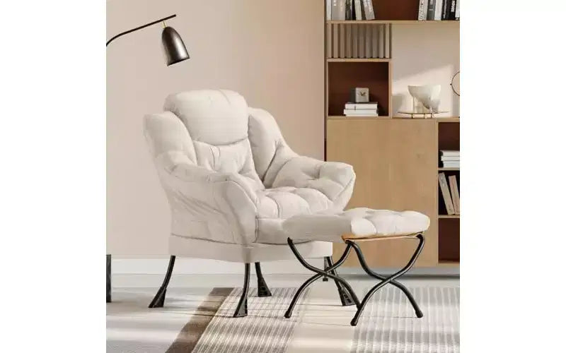 Poltrona relax con pouf, poltrone moderne con poggiapiedi, braccioli, tasca laterale, comoda sedia divano per la lettura per soggiorno