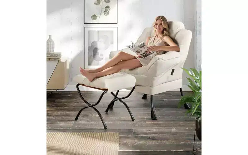 Poltrona relax con pouf, poltrone moderne con poggiapiedi, braccioli, tasca laterale, comoda sedia divano per la lettura per soggiorno