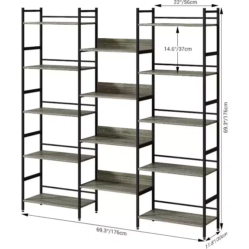 Libreria Tripla Larga a 5 Ripiani, Grande Libreria Industriale con 4 Ripiani Aperti, Libreria Alta Rustica per Camera da Letto e Ufficio
