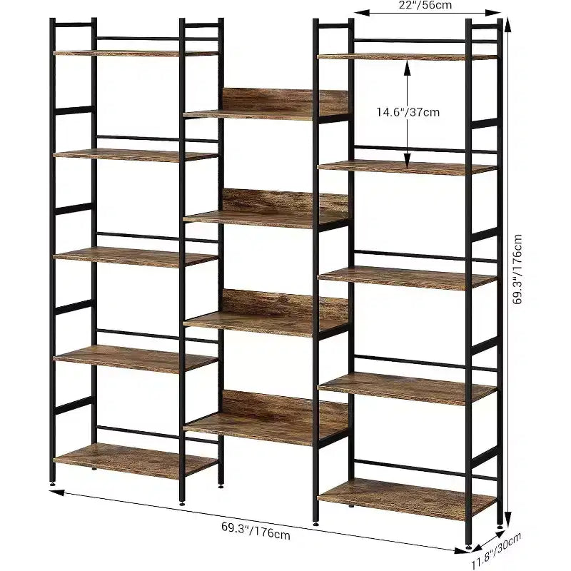 Libreria Tripla Larga a 5 Ripiani, Grande Libreria Industriale con 4 Ripiani Aperti, Libreria Alta Rustica per Camera da Letto e Ufficio