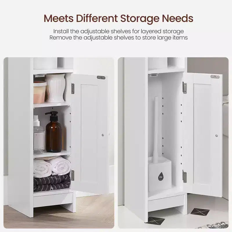 Mobiletto salvaspazio da bagno stretto con ripiani regolabili e anta, Organizzatore da pavimento per carta igienica e articoli da toeletta, Design anti-ribaltamento