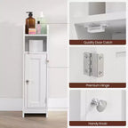 Mobiletto salvaspazio da bagno stretto con ripiani regolabili e anta, Organizzatore da pavimento per carta igienica e articoli da toeletta, Design anti-ribaltamento