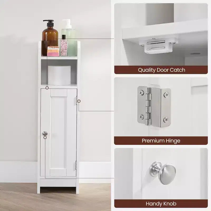 Mobiletto salvaspazio da bagno stretto con ripiani regolabili e anta, Organizzatore da pavimento per carta igienica e articoli da toeletta, Design anti-ribaltamento