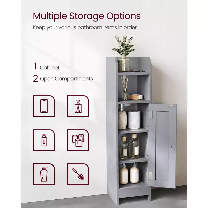 Mobiletto salvaspazio da bagno stretto con ripiani regolabili e anta, Organizzatore da pavimento per carta igienica e articoli da toeletta, Design anti-ribaltamento