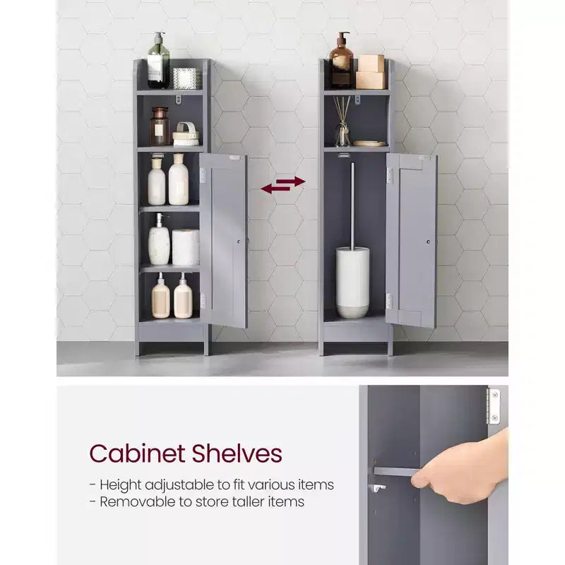 Mobiletto salvaspazio da bagno stretto con ripiani regolabili e anta, Organizzatore da pavimento per carta igienica e articoli da toeletta, Design anti-ribaltamento