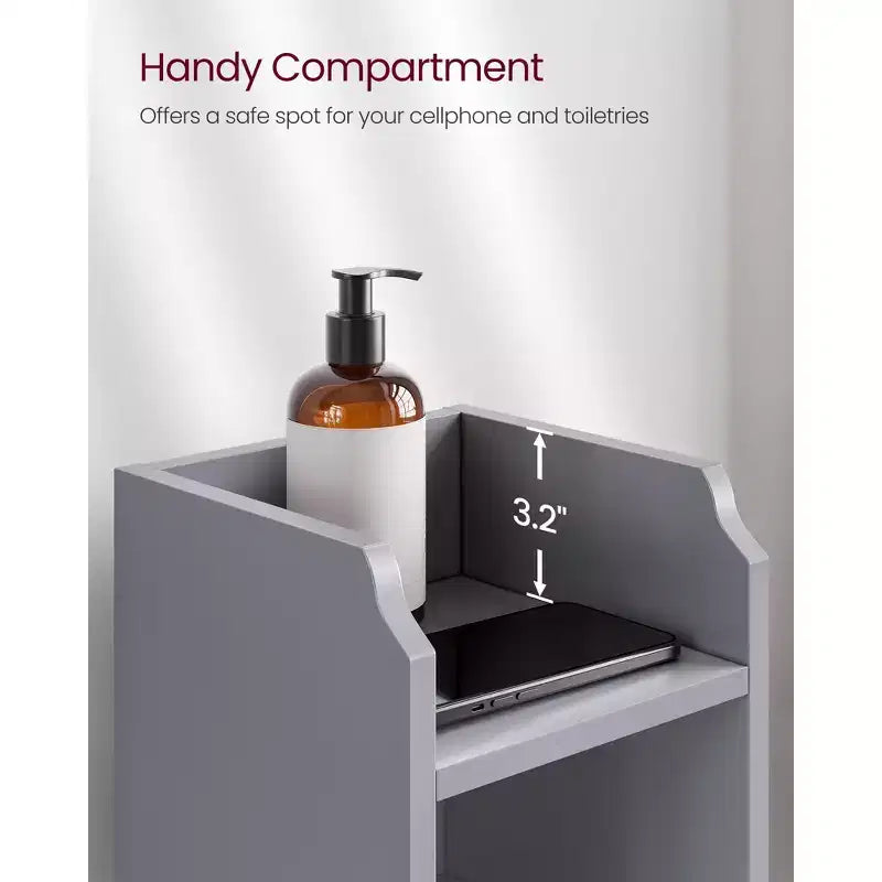 Mobiletto salvaspazio da bagno stretto con ripiani regolabili e anta, Organizzatore da pavimento per carta igienica e articoli da toeletta, Design anti-ribaltamento