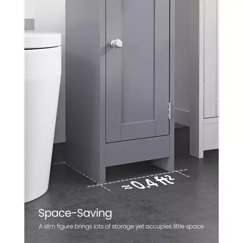 Mobiletto salvaspazio da bagno stretto con ripiani regolabili e anta, Organizzatore da pavimento per carta igienica e articoli da toeletta, Design anti-ribaltamento