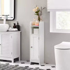 Mobiletto salvaspazio da bagno stretto con ripiani regolabili e anta, Organizzatore da pavimento per carta igienica e articoli da toeletta, Design anti-ribaltamento