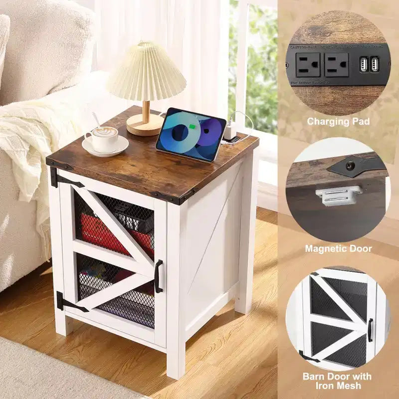 Tavolino da divano in stile rustico con porta a fienile, comodino da 18" in legno con porta, tavolino da salotto con contenitore per camera da letto e soggiorno