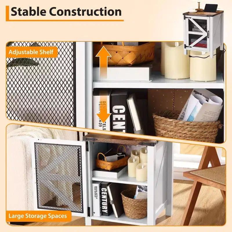 Tavolino da divano in stile rustico con porta a fienile, comodino da 18" in legno con porta, tavolino da salotto con contenitore per camera da letto e soggiorno