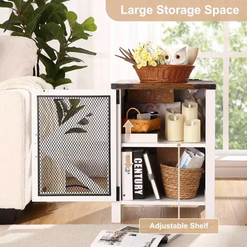 Tavolino da divano in stile rustico con porta a fienile, comodino da 18" in legno con porta, tavolino da salotto con contenitore per camera da letto e soggiorno