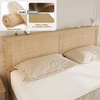 Struttura letto in rattan, letto matrimoniale con 2 cassetti, testiera in rattan, luci a LED, letto contenitore boho