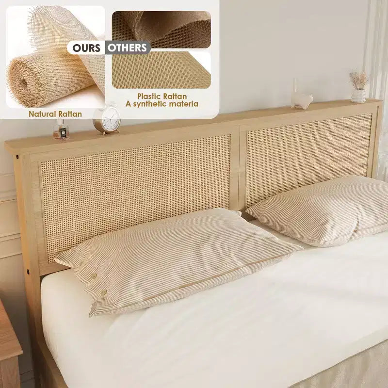 Struttura letto in rattan, letto matrimoniale con 2 cassetti, testiera in rattan, luci a LED, letto contenitore boho