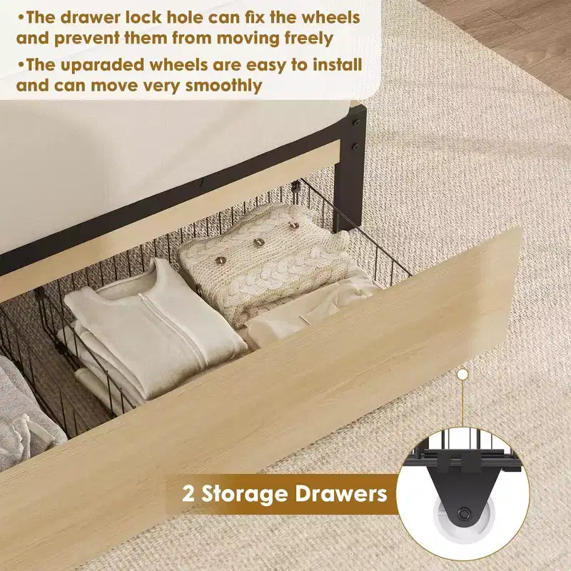Struttura letto in rattan, letto matrimoniale con 2 cassetti, testiera in rattan, luci a LED, letto contenitore boho