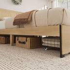 Struttura letto in rattan, letto matrimoniale con 2 cassetti, testiera in rattan, luci a LED, letto contenitore boho