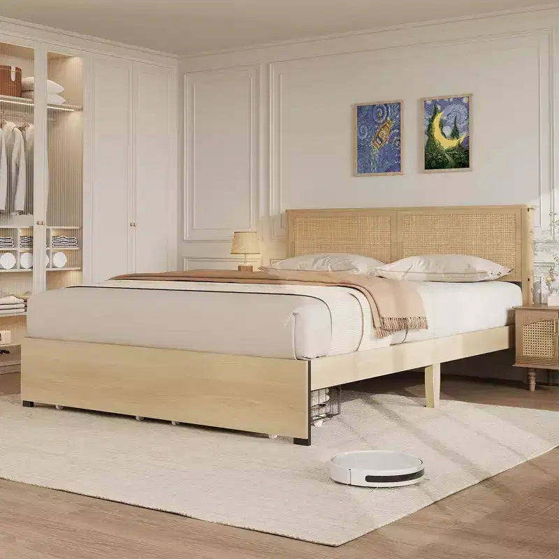 Struttura letto in rattan, letto matrimoniale con 2 cassetti, testiera in rattan, luci a LED, letto contenitore boho