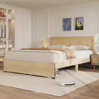 Struttura letto in rattan, letto matrimoniale con 2 cassetti, testiera in rattan, luci a LED, letto contenitore boho