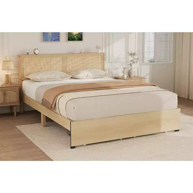 Struttura letto in rattan, letto matrimoniale con 2 cassetti, testiera in rattan, luci a LED, letto contenitore boho