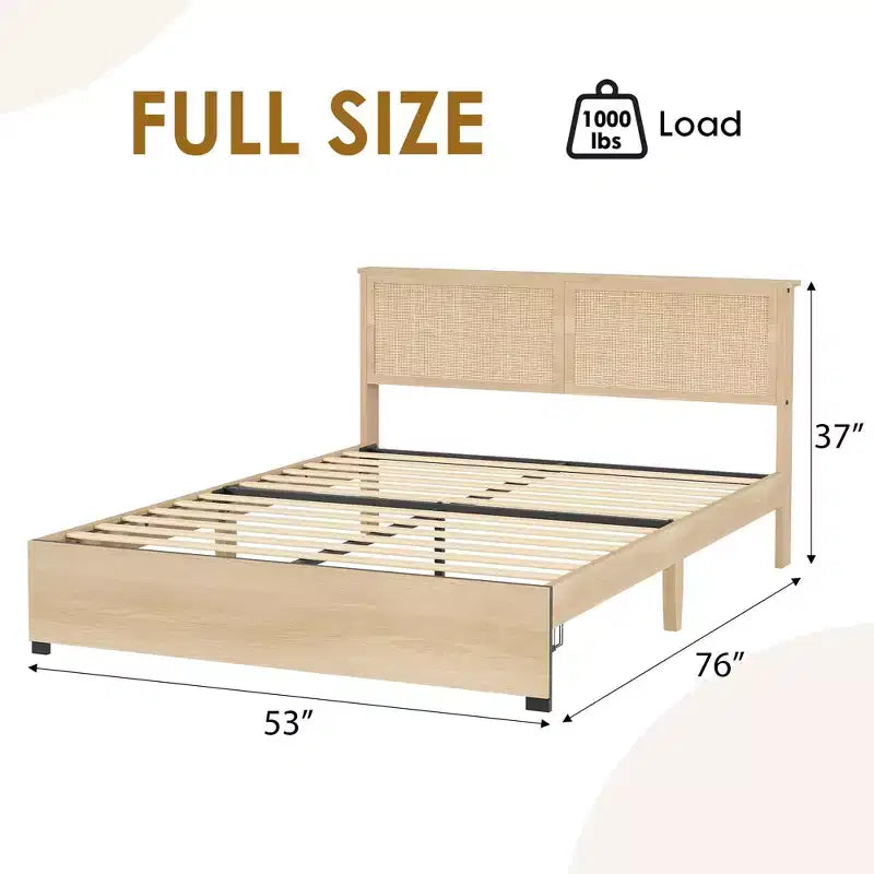 Struttura letto in rattan, letto matrimoniale con 2 cassetti, testiera in rattan, luci a LED, letto contenitore boho